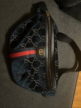 Gucci Teal Monogram Velvet Waist Bag with Red Web Stripe